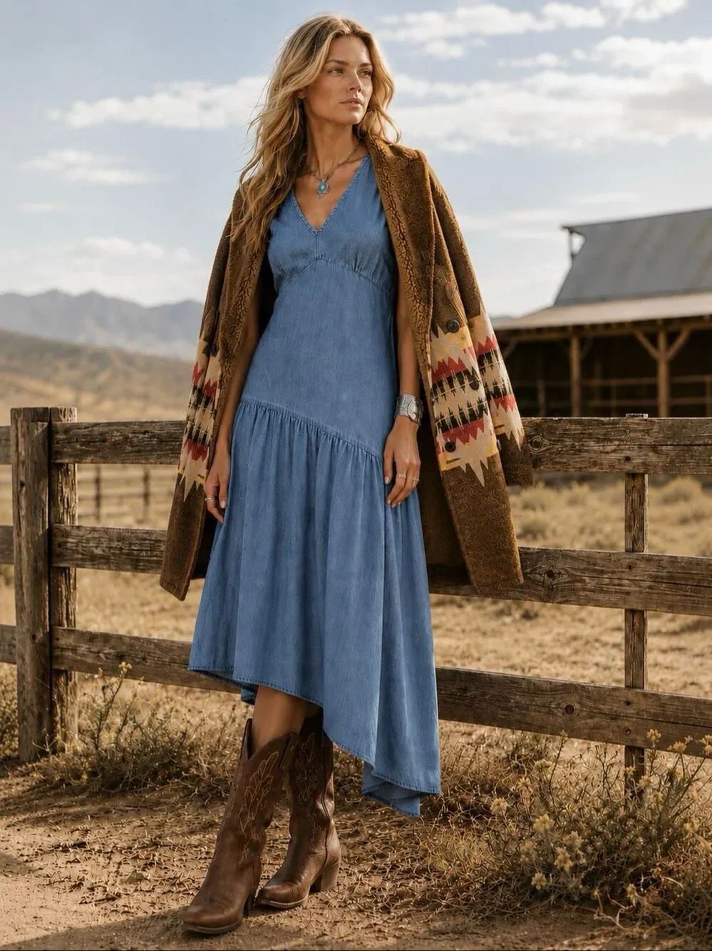 GAP NWT Chambray Denim Asymmetrical Midi Dress V-Neck Blue L Coastal Prairie - Picture 3 of 16
